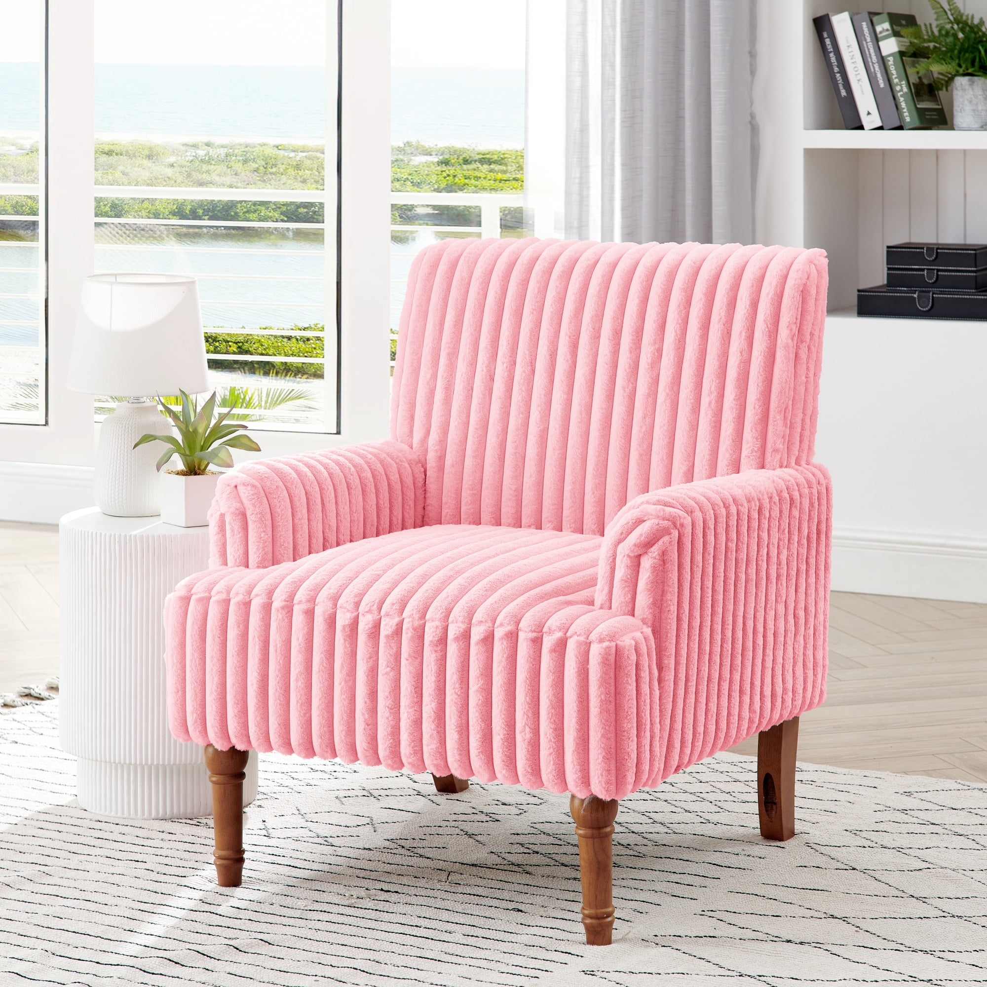 Leumius Modern Accent Chair with 9" Solid Wood Legs, Comfortable Upholstered Corduroy Armchair for Living Room Bedroom, Office Pink