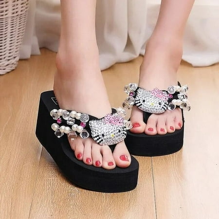 

Fashion Hello Kitty Rhinestones Jewels Pearl Beach Slippers Summer Sanrio Slippers Flip-flops for Women Platform Slippers 41 42