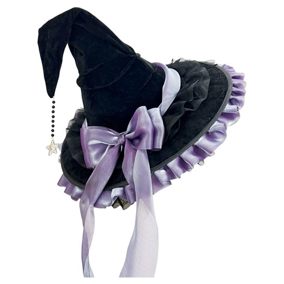Hsqqdc Women Glitter Velvet Pointer Hat Organza Lace Ruffle Trim Star Pendant Bow Party Headpiece