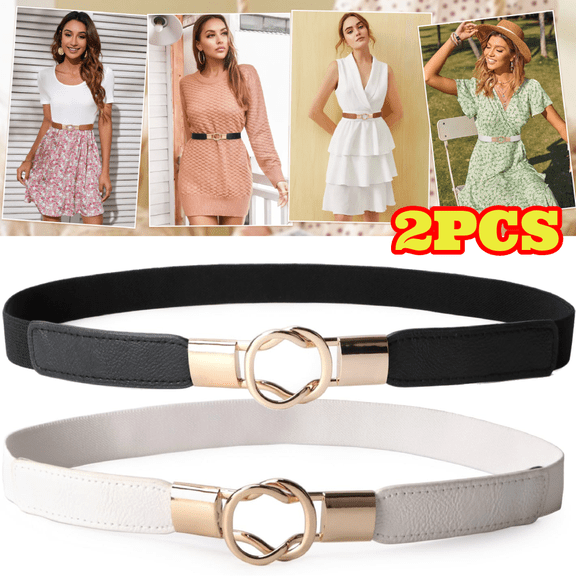 2pcs Women Skinny Belt for Dresses, Retro Stretch Waist Belt with Gold Buckle