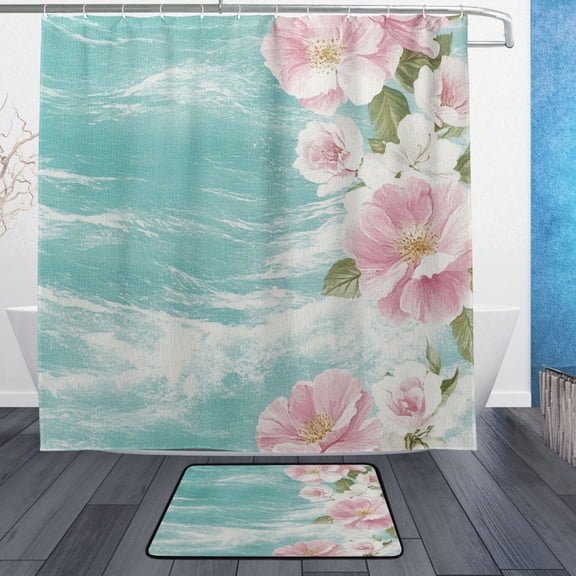Elegant Floral on Aqua Waves Bathroom Accessory Sets Waterproof Shower Curtain with Anti-Slip Bath Mat Durable Combo