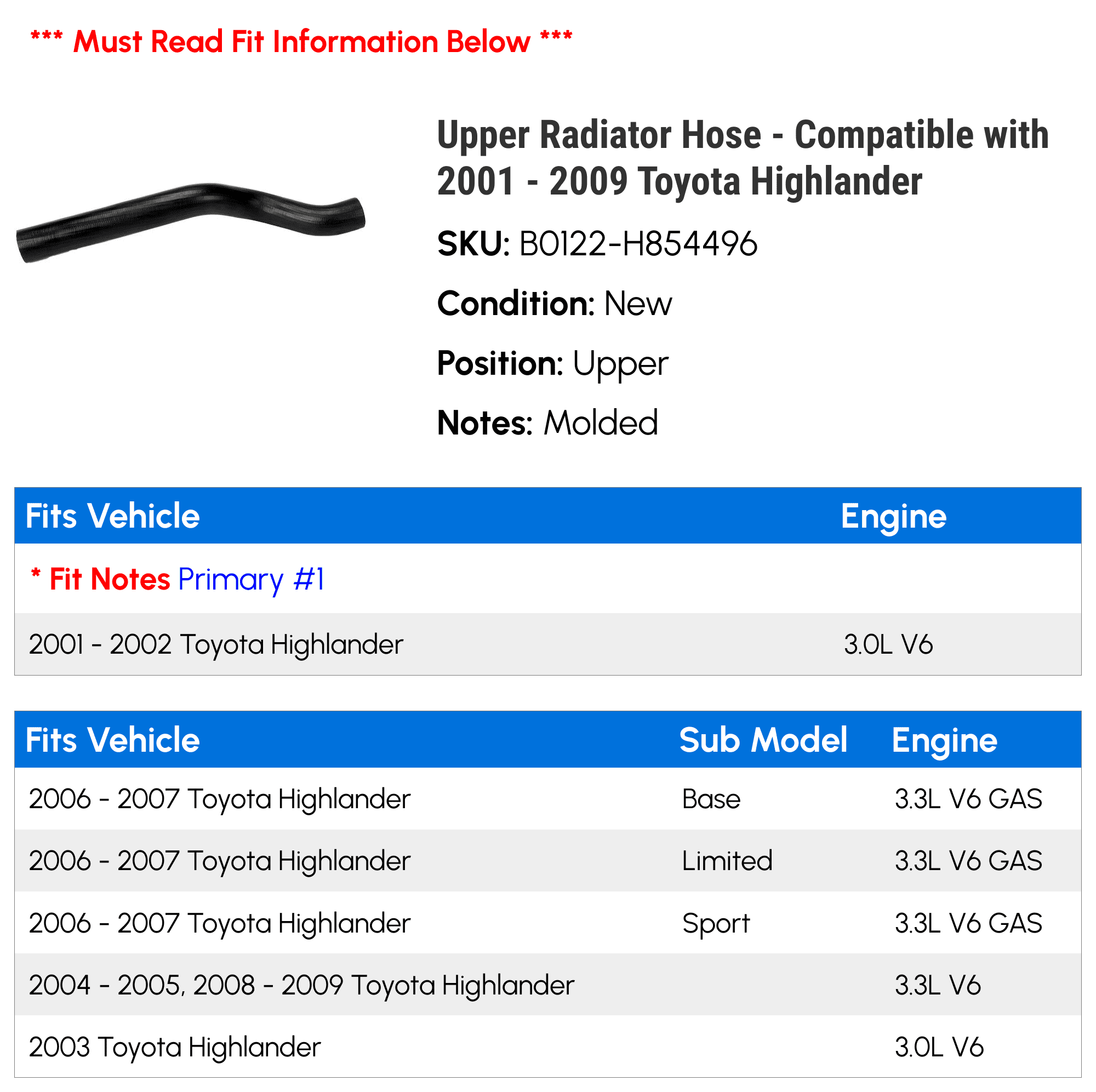 Upper Radiator Hose - Compatible with 2001 - 2009 Toyota Highlander 2002 2003 2004 2005 2006 2007 2008