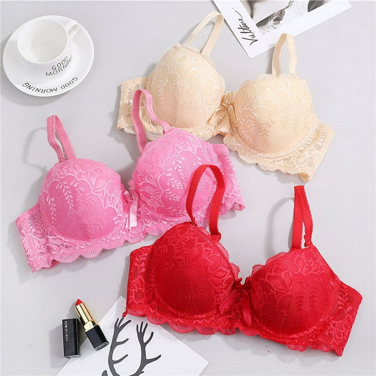 Promotion Clearance Women 3/4 Cup Padded Lingerie Brassiere Sexy Lace  Floral Bralette Underwear Adjusted Straps Sheer Bra ROSE red 75B