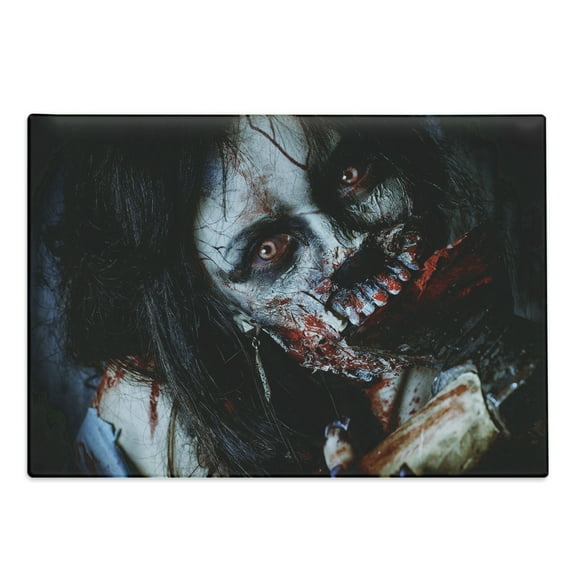 Zombie Cutting Board, Scary Dead Woman with a Bloody Tool Evil Fantasy Gothic Mystery Halloween Picture, Decorative Tempered Glass Cutting and Serving Board, Large Size, Multicolor, by Ambesonne