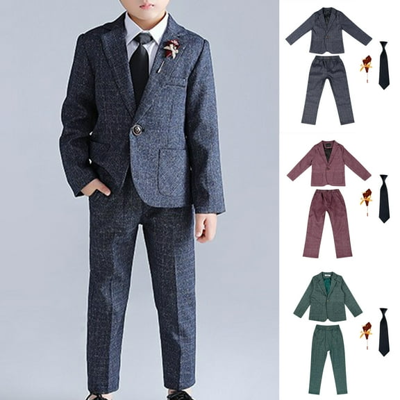 HAOTAGS Boys 4 - piece Suit Set, Solid Casual Long - sleeved Round Neck Top Classic Blazer Pants Set Blue 4-5 Years
