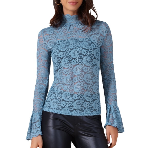 DARING DIVA Women's Lace High Neck Bell Long Sleeve Sheer Mesh Blouses XS Blue