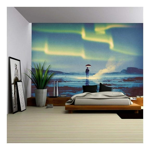 wall26 - Northern Lights Aurora Borealis Over Man Holding Umbrella Lights,Illustration Painting - Removable Wall Mural | Self-Adhesive Large Wallpaper - 100x144 inches