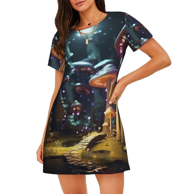 Balery Purple Glowing Mushroom Camisón de manga corta con cuello redondo para mujer, cómodo y elegante.