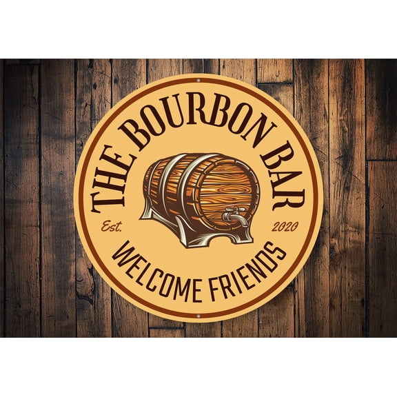 The Bourbon Bar Welcome Novelty Decor, Metal Wall Sign - 12" Circle