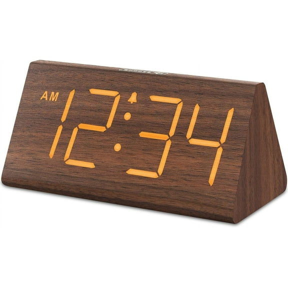 Wooden Digital Alarm Clocks for Bedrooms - Electric Desk Clock with Large Numbers, USB Port, Loud Heavy Sleepers, Adjustable Volume, Dimmer, Snooze, DST, Wood Décor, Adapter Powered