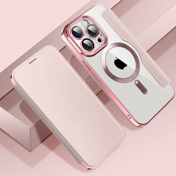 Feishell Flip Case for iPhone 13 Pro with Camera Lens Protect Film,Magnetic Closure PU Leather Folio Case with RFID Blocking Card Slots Luxury Plating Transparent Phone Cover,Pink