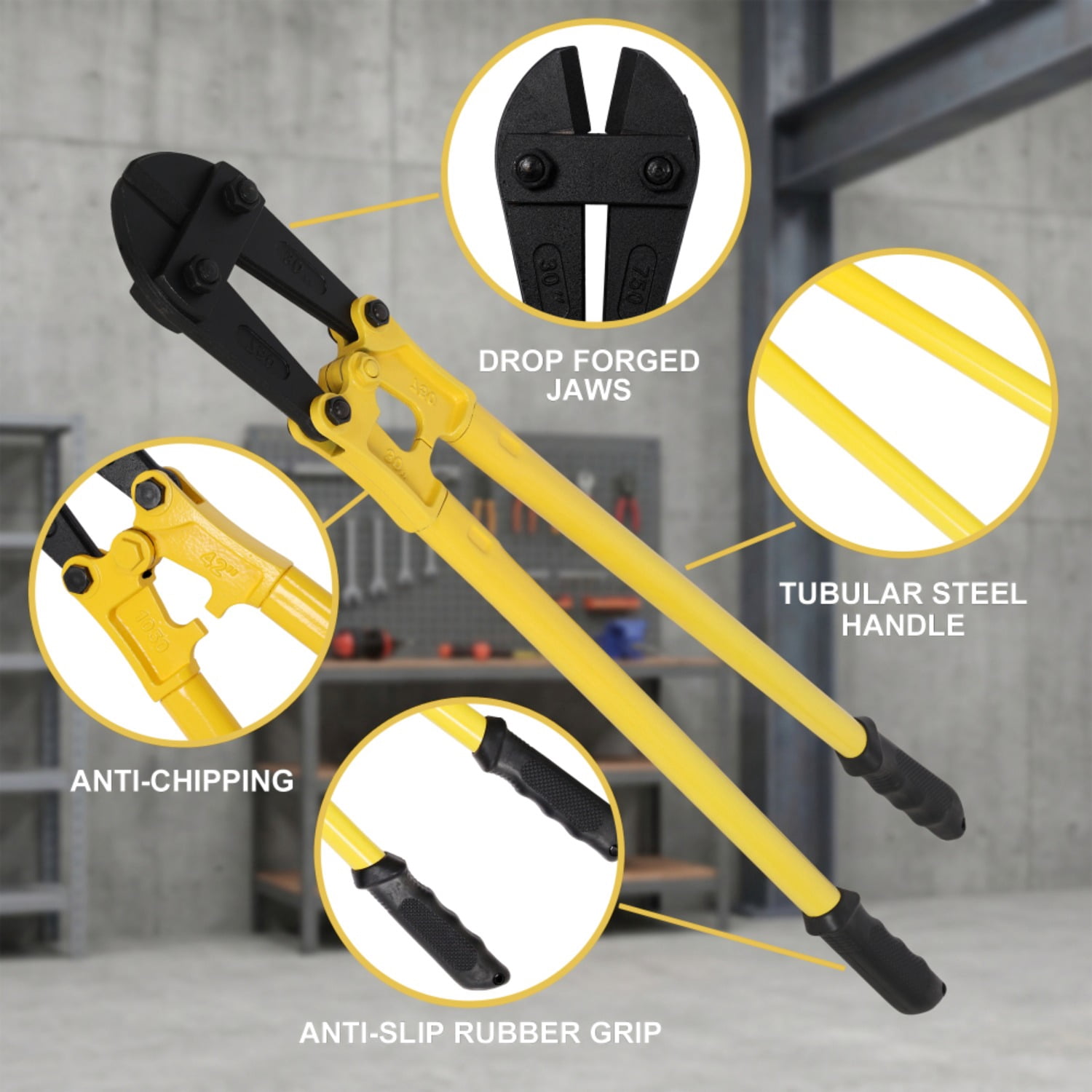 42" Heavy-Duty Medium Bolt Cutter for Fence, Steel Wire, Chain, Screws, Rivets & Medium Padlocks, Ergonomic Soft Rubber Grip Handle