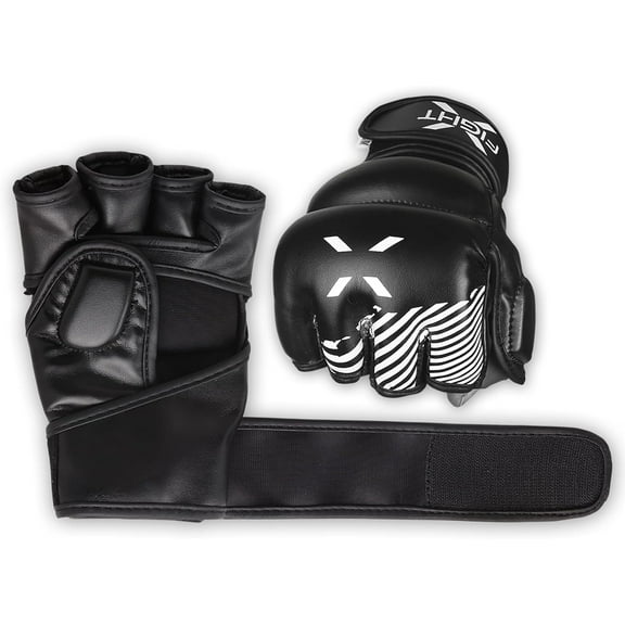 FightX MMA Glove for Adults Grip Wristwrap for Practice Fingerless boxing Gloves (Black/White, S/M)