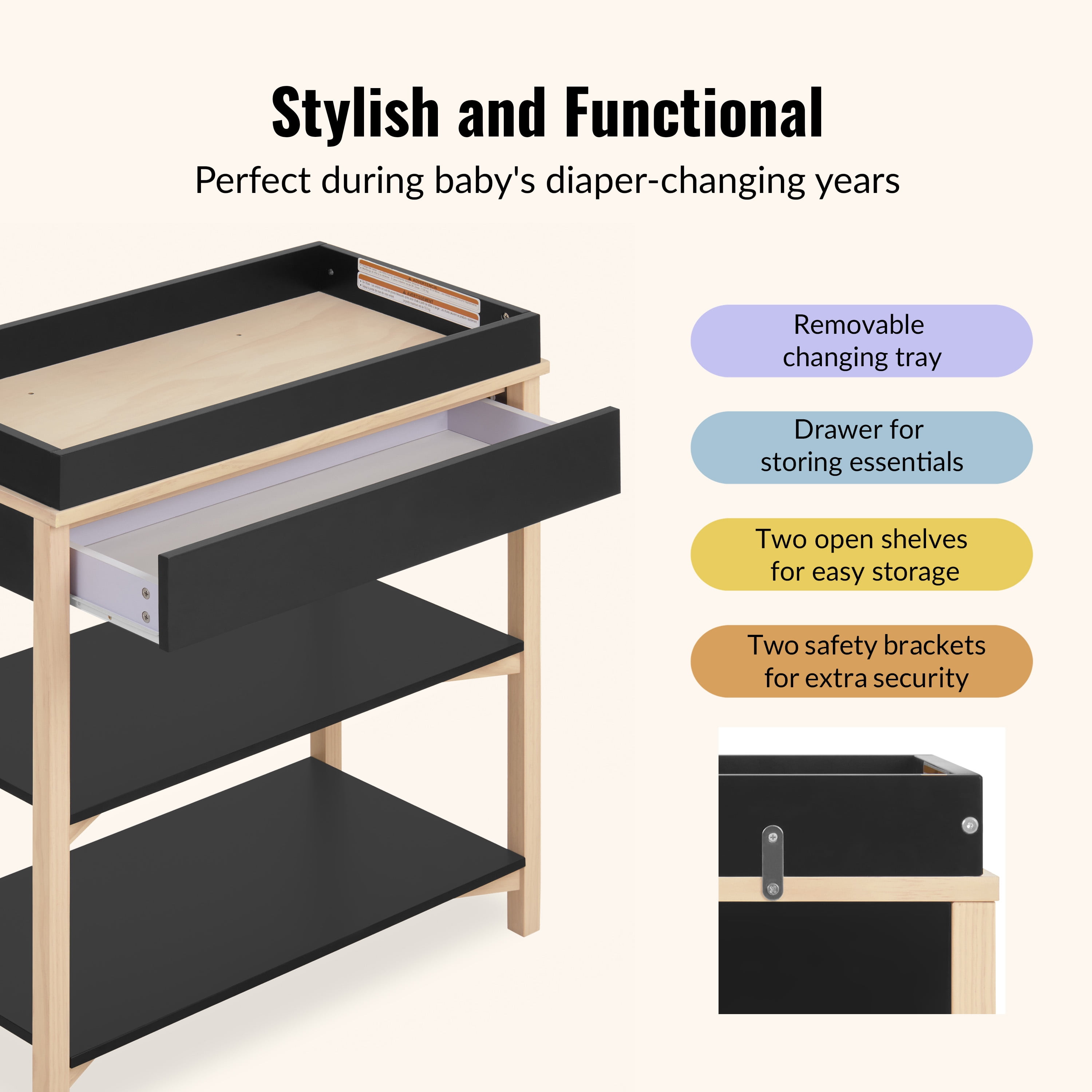 Dream On Me Owen Changing Table in Matte Black Vintage Oak, JPMA Certified, with two bottom shelves for storage