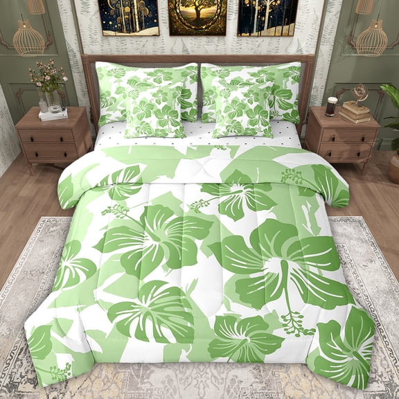 Feelyou Dreamy Green Flower Twin Bedding Sets 7-Piece for Kids, Cherry Blossoms Floral Bedding Comforter Set, Palm Leaf Plant Reversible Sheet Sets, Ultra Soft Bedroom Decor