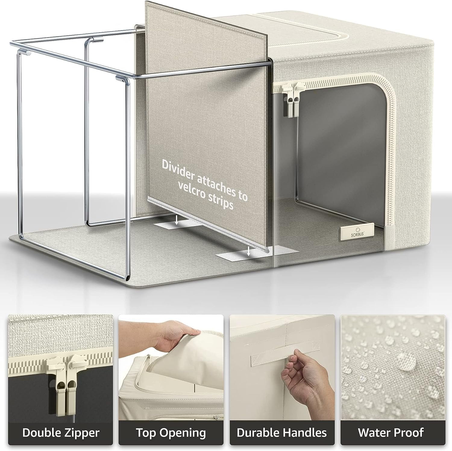 Sorbus Large Storage Bin – Stackable, Foldable Organizer with Window, Handles, Metal Frame, Beige
