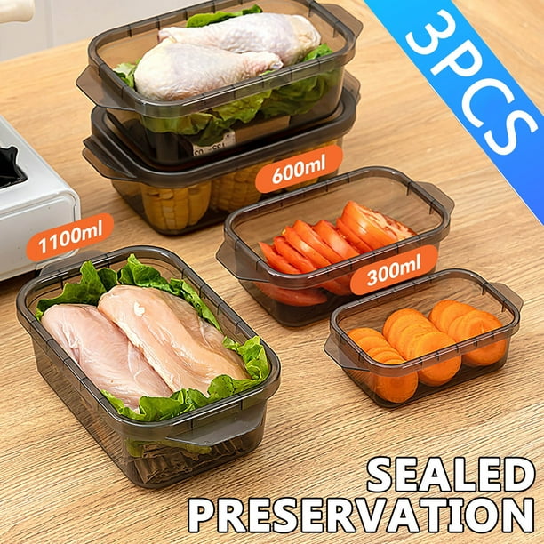 Juego de cajas de conservación selladas rectangulares de plástico de grado alimenticio para el hogar de 3 piezas | Contenedores de almacenamiento transparentes | Apto para microondas y congelador |