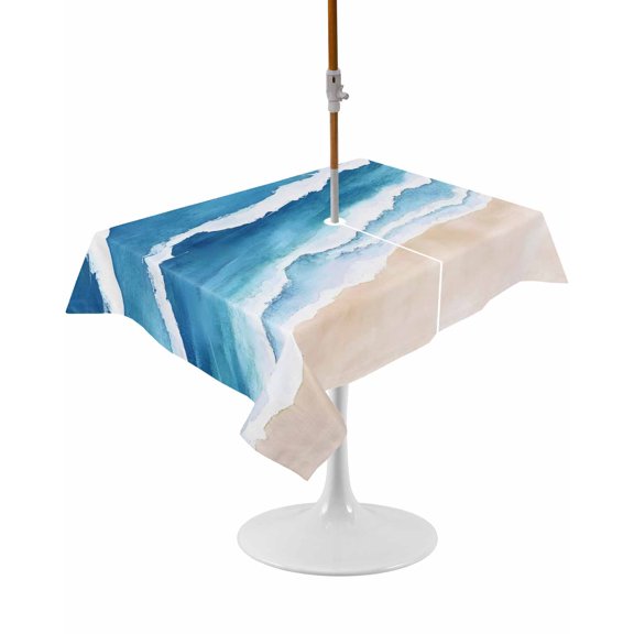 Outdoor Table Cloth with Umbrella Hole and Zipper, Blue Beach Coastal Waterproof Rectangle Tablecloth 60"x102", Summer Seaside Nautical Ocean Washable Table Cover for Outside Party Patio Picnic