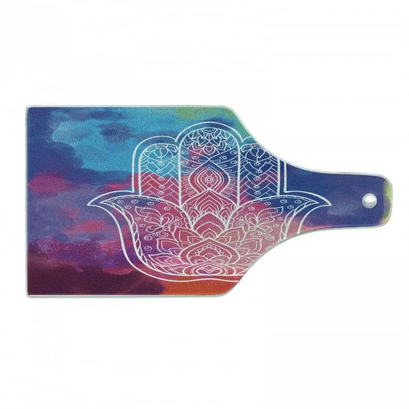 Hamsa Cutting Board, Colorful Watercolor Background with Hand Drawn Eastern Mantra Gentle Swirls, Decorative Tempered Glass Cutting and Serving Board, Wine Bottle Shape, Multicolor, by Ambesonne