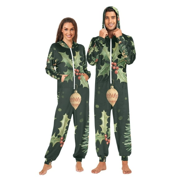 Christmas Trees Leaves Green Adult Onesie Pajamas Slim Fit Christmas One Piece Suit Pjs for Women and Men Hooded Zipper