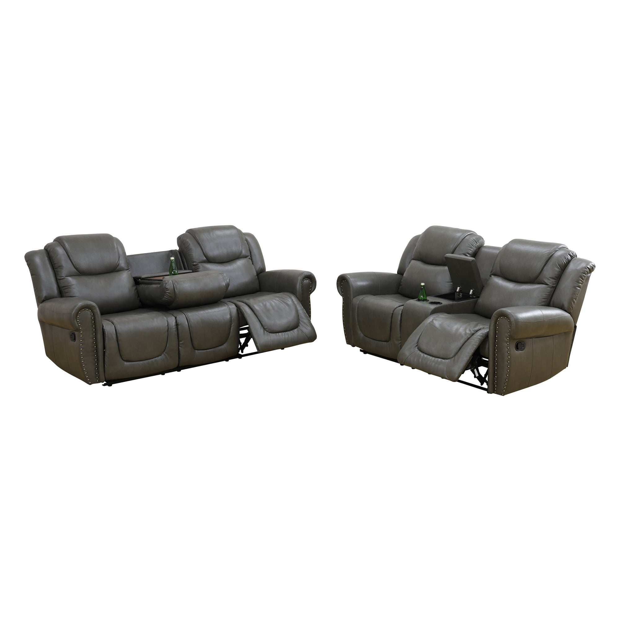 Aukfa 86" Triple Recliner Chair Oversized Loveseat RV Sofa w/ Cupholder, Home Theater Seating, Leather, Gray