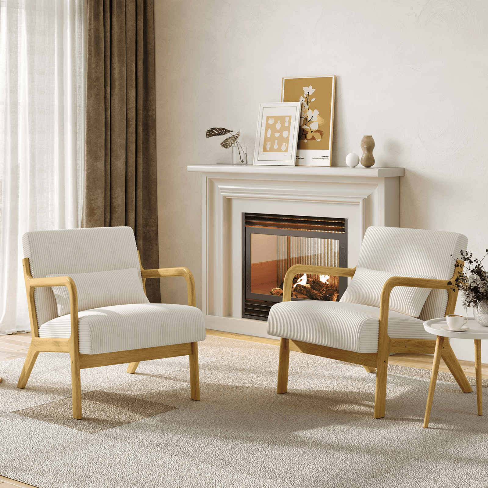 Renwick Mid-Century Corduroy Accent Chair, Modern Armchair with Wood Frame and Pillow for Living Room Bedroom Furniture, Set of 2, Beige