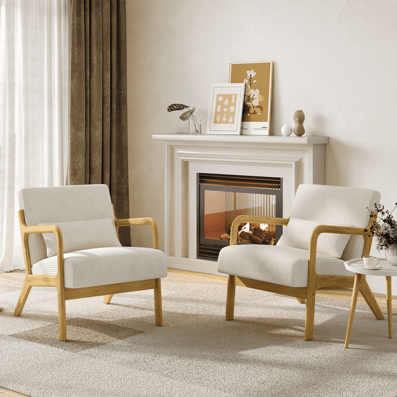 Yaheetech Mid-Century Modern Accent Chair, Corduroy Armchair with Wood Frame and Pillow for Living Room Bedroom Furniture, Set of 2, Beige