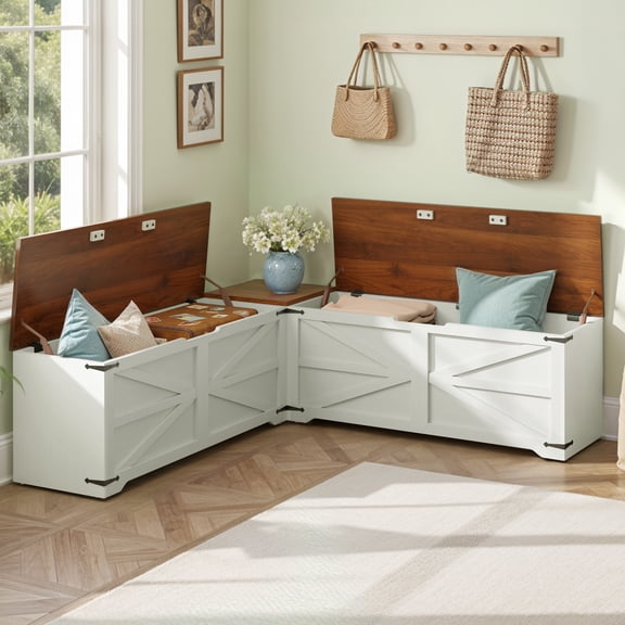 Uforic L-Shaped Wood Farmhouse Storage Chest,Nook Corner Bench with Storage - White & Brown