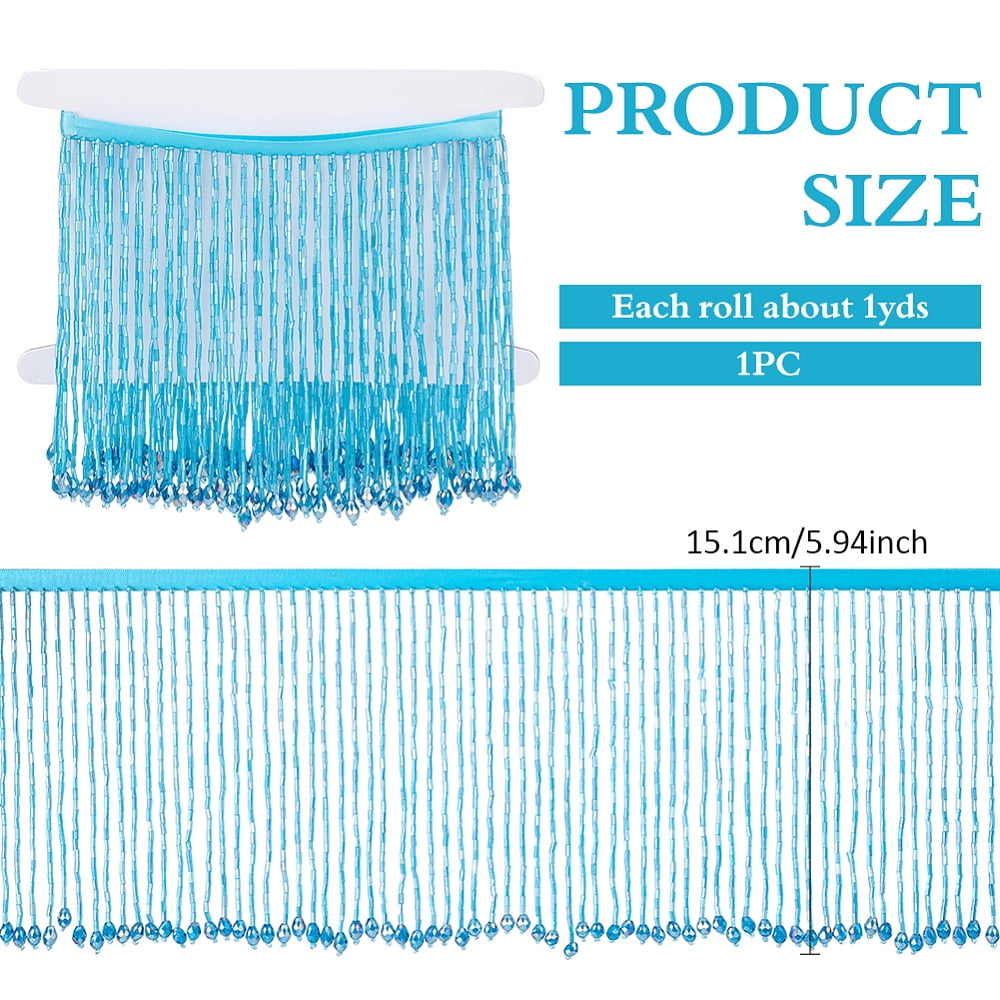 1 Yard Polyester Lace Ribbon with Glass Beads Tassel for Sewing Decoration Dodger Blue 6 inch(151mm)