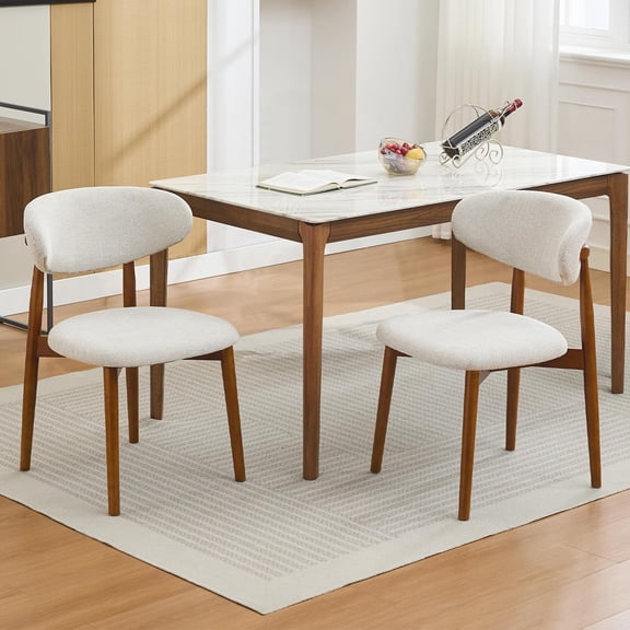 Wooden Dining Chairs Set of 2, Mid Century Modern Fabric Upholstered, Farmhouse Style for Kitchen & Dining Room, Beige