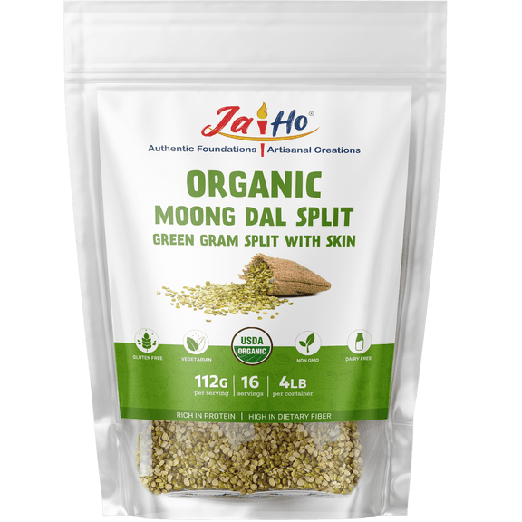 Jai Ho Certified Organic Moong Mung Split Dal with Skin Husk 4 lb | Green Gram Split Lentils | USDA Organic | Non-GMO | Chemical-Free | Kosher