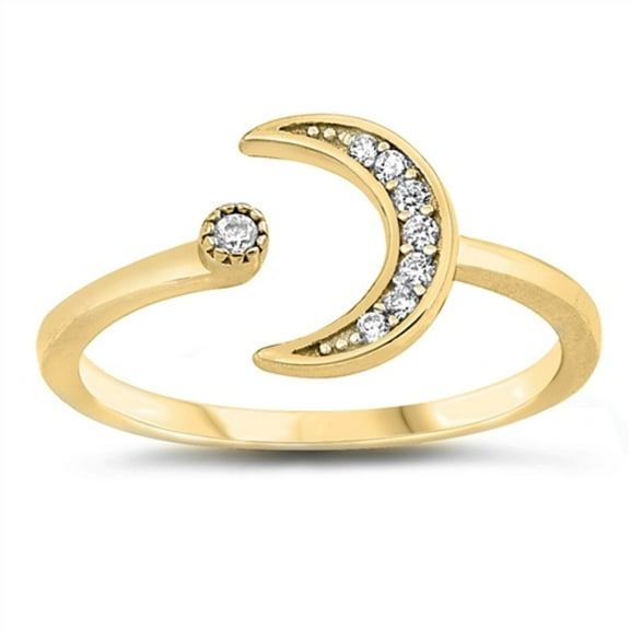 Clear CZ Moon And Star Open Ring Gold-Toned Plated Sterling Silver Size 5