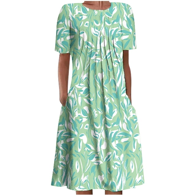 QIPOPIQ Robe Tunique à Étages pour Femmes Dresses Manches Courtes Décontractée Imprimé Dresses Col Rond Robe d'Été Tendance Plissée 2023 Offres