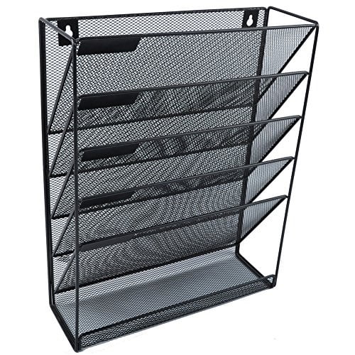 Wall File Organizer; 5 Tier Black Mesh Metal Wall Shelf/Organizer; Includes 6 x Shelf Label Stickers & Wall Screws/Anchors!; Ideal for Home or Office 