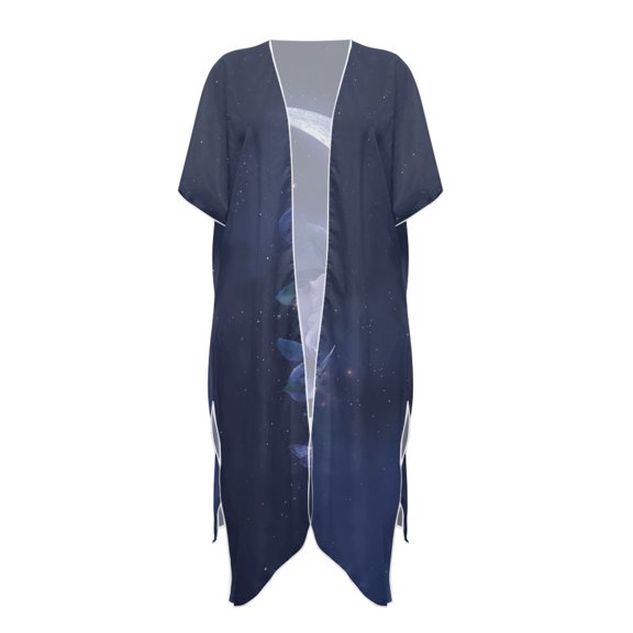 HELLHERO Night Rose Moon Long Kimono Swimsuit Cover Up Lightweight Polyester Half Sleeve Bathing Suit Cover Up