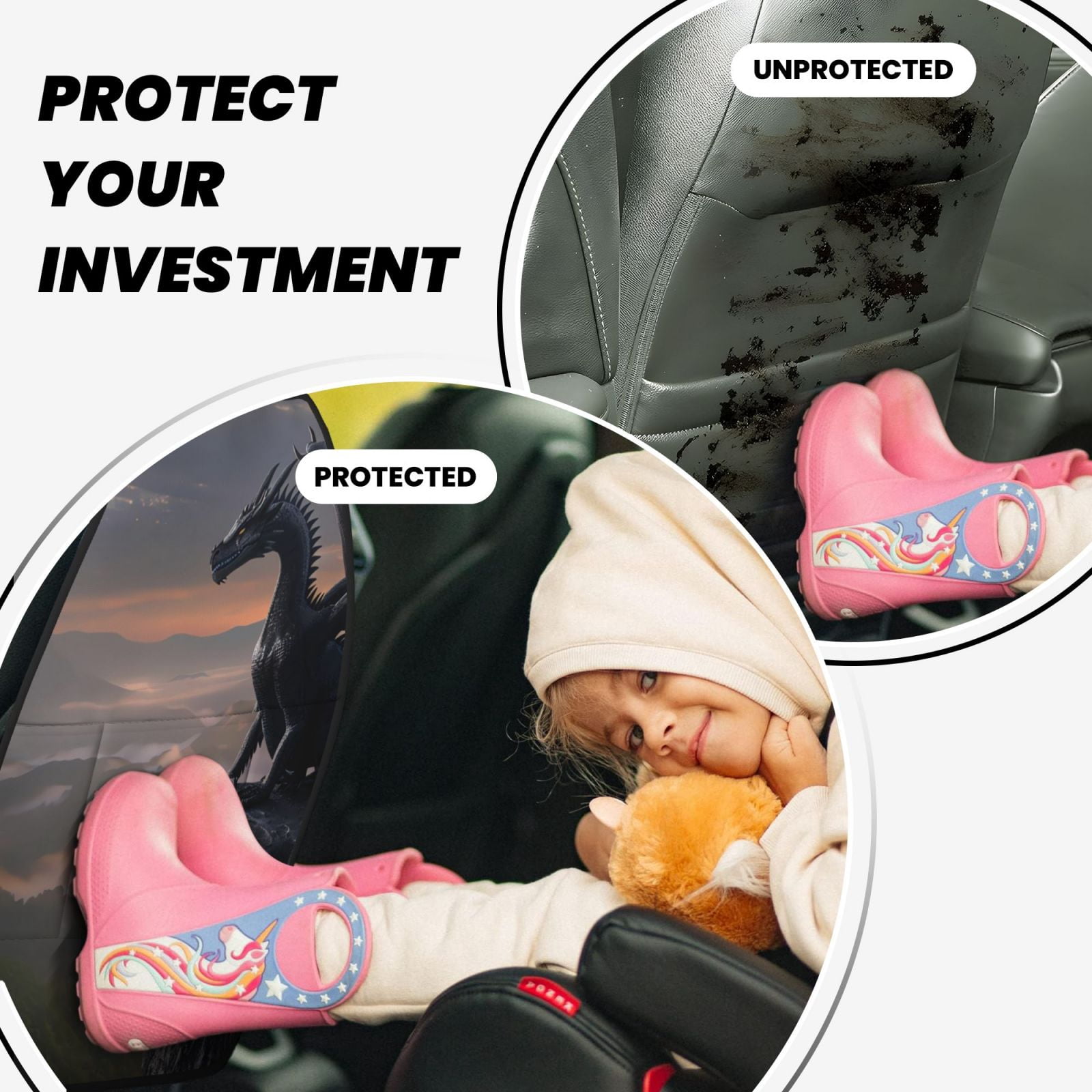 Kdxio Black Dragon Cliff Dawn Print 2 Pack Car Kick Mat Seat Cover Back Protector Mat with Pockets for Organizer Backseat Protector and Storage Anti Kick Pad for Vehicles