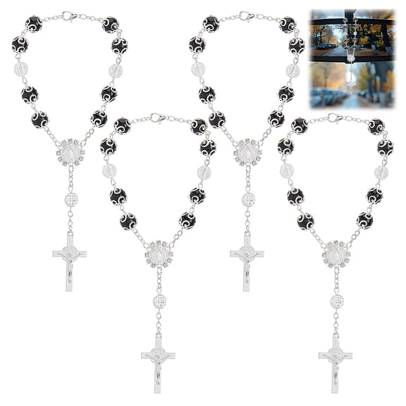 4Pcs Car Rosary for Rearview Mirror 22.7cm Rosary Beads Hanging Ornament Black Personalized Car Blessing Mirror Hanging Accessories Decors