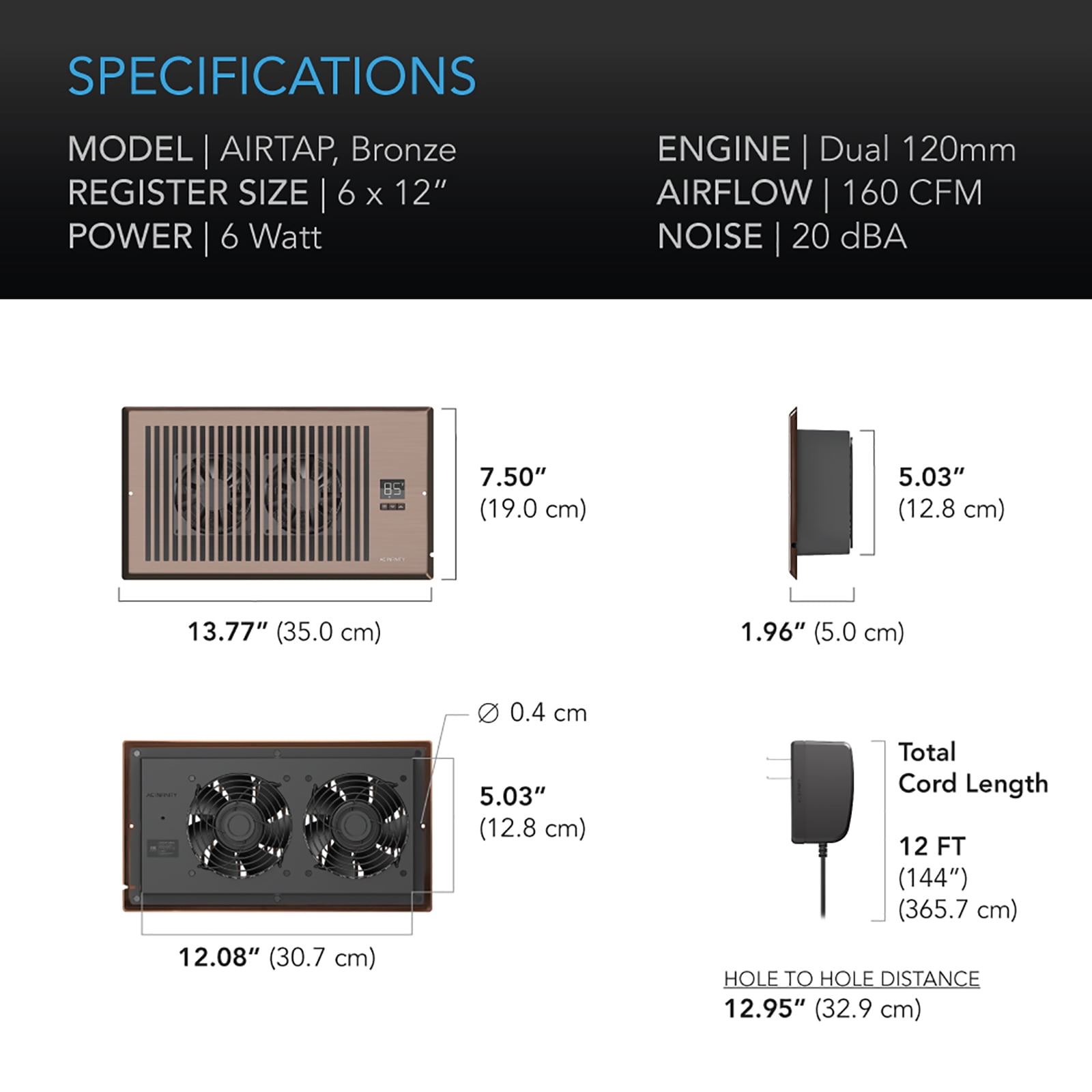 AC Infinity AIRTAP T6 Bronze, Register Booster Fan for 6” x 12” Register Holes, Improves Heating & Cooling Vents, Quiet 10-Speeds, Bluetooth App Control Data Alerts. ONLY FITS 6” x 12” DUCT OPENINGS