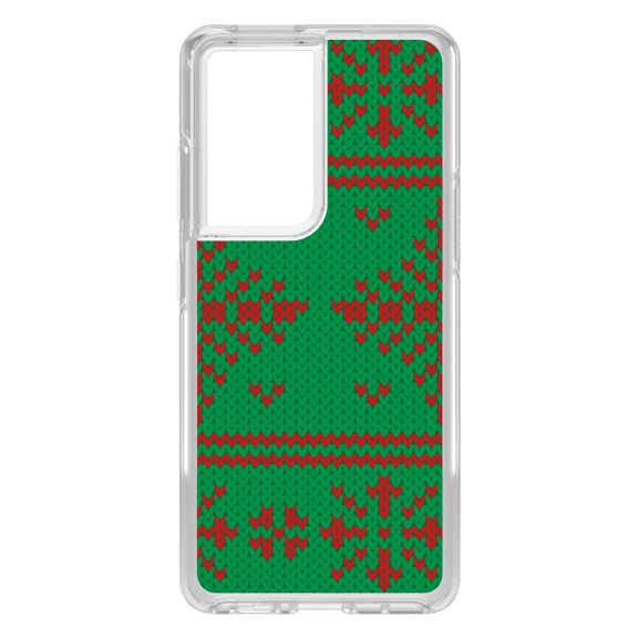 DistinctInk Clear Shockproof Hybrid Case for Galaxy S21 ULTRA 5G (6.8" Screen) - TPU Bumper, Acrylic Back, Tempered Glass Screen Protector - Green Red Ugly Christmas Sweater - Christmas All Year