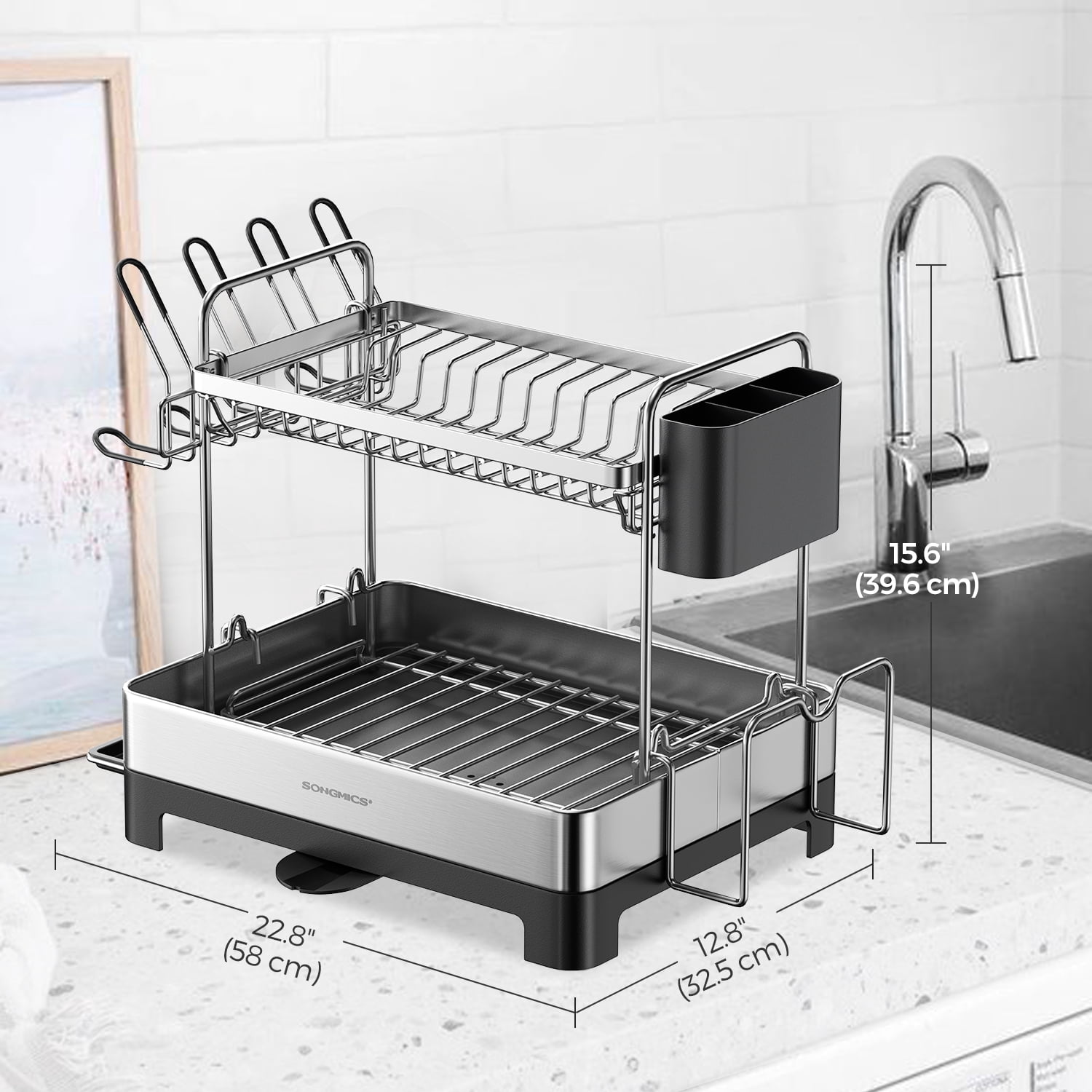 LEDREM 2-Tier Dish Drying Rack - Stainless Steel with Rotating Drain Spout, Holds Plates, Bowls, Cups, Utensil & Cutting Board Organizer, Silver and Black