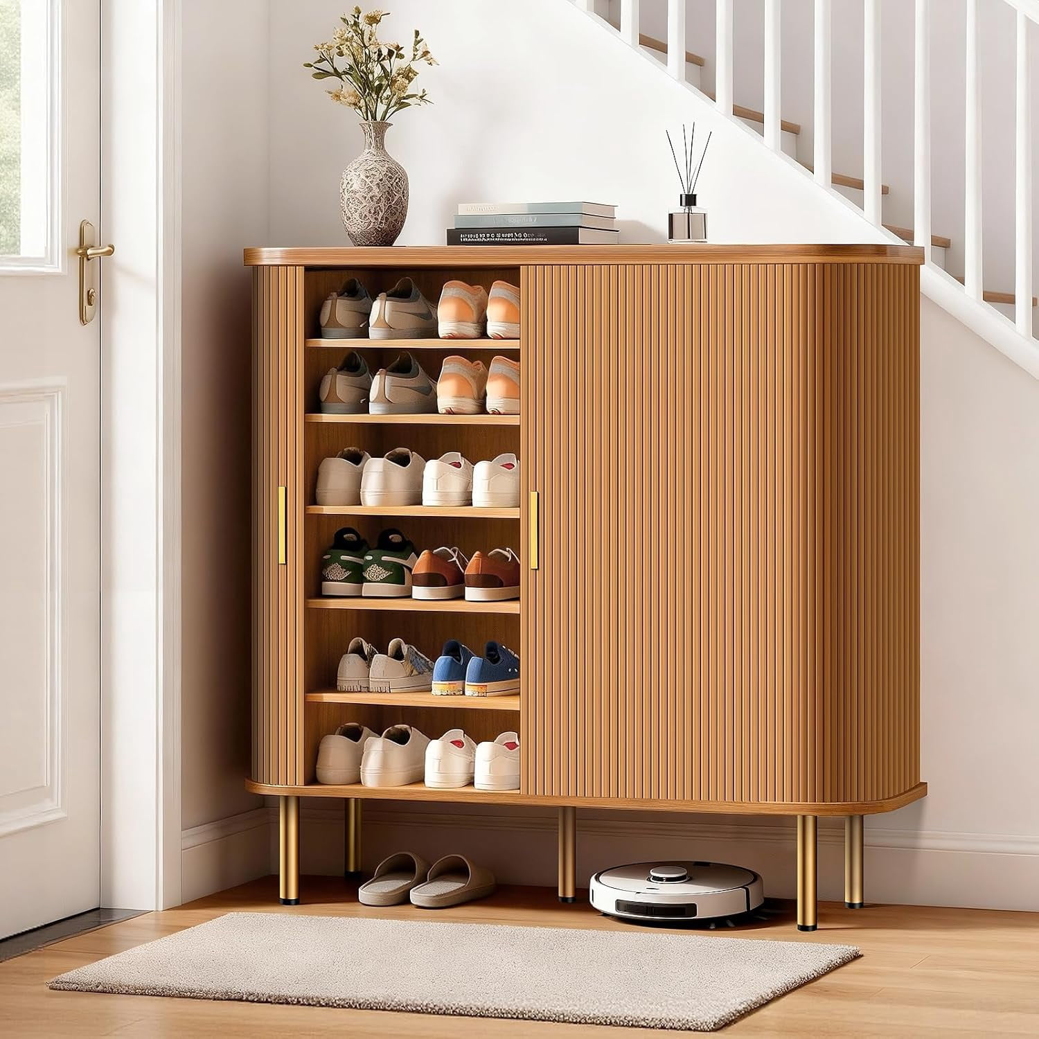 Shoe Storage Cabinet with Sliding Door, 6-Tier Shoe Cabinet with Adjustable Shelves, Mid-Century Modern Freestanding Shoe Storage Organizer for Entryway, Hallway, Living Room (Yellow)