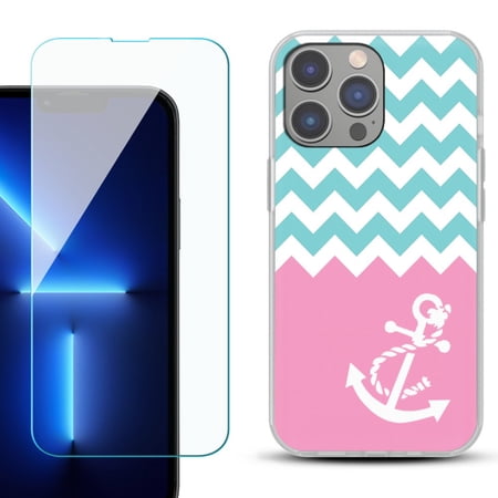 Slim-Fit Gel TPU Phone Case for iPhone 14 Pro Max with Tempered Glass Screen Protector by OneToughShield ® - Chevron/Anchor