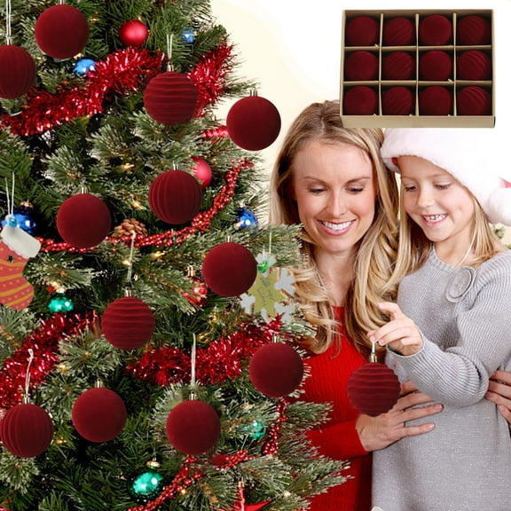 12 Pcs Velvet Christmas Balls Large Velvet Xmas Tree Ornaments Balls Decorations Hanging Flocked Ornaments for Christmas Tree Home Garland Holiday Party Decor (Dark Red)