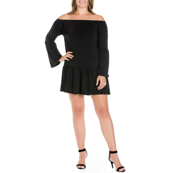 24seven Comfort Apparel Women's Plus Size Fearless Off the Shoulder Bell Sleeve Mini Dress
