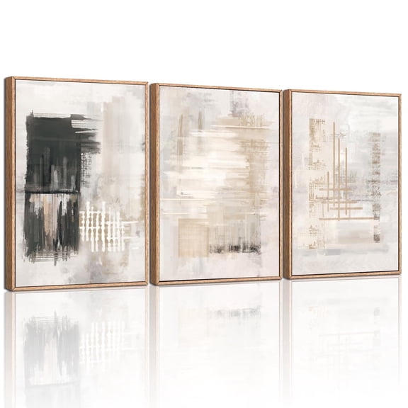 TOARTi Abstract Neutral Framed Canvas Wall Art Black and White Modern Minimalist Painting Set of 3 for Living Room Bedroom Office 16x24 Inch