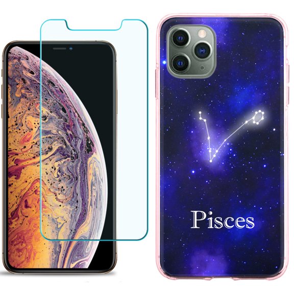 For Apple iPhone 11 PRO Case, Slim-Fit TPU Protective Phone Case (Pink Bezel) with Tempered Glass Screen Protector, by OneToughShield ® - Zodiac / Pisces