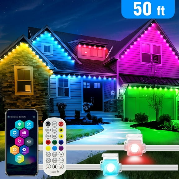 Rirool Permanent Outdoor Lights 50ft, Smart RGB App Control Eave Lights with 30 LEDs, IP67 Waterproof House Roof Lighting for Christmas, Halloween & Party