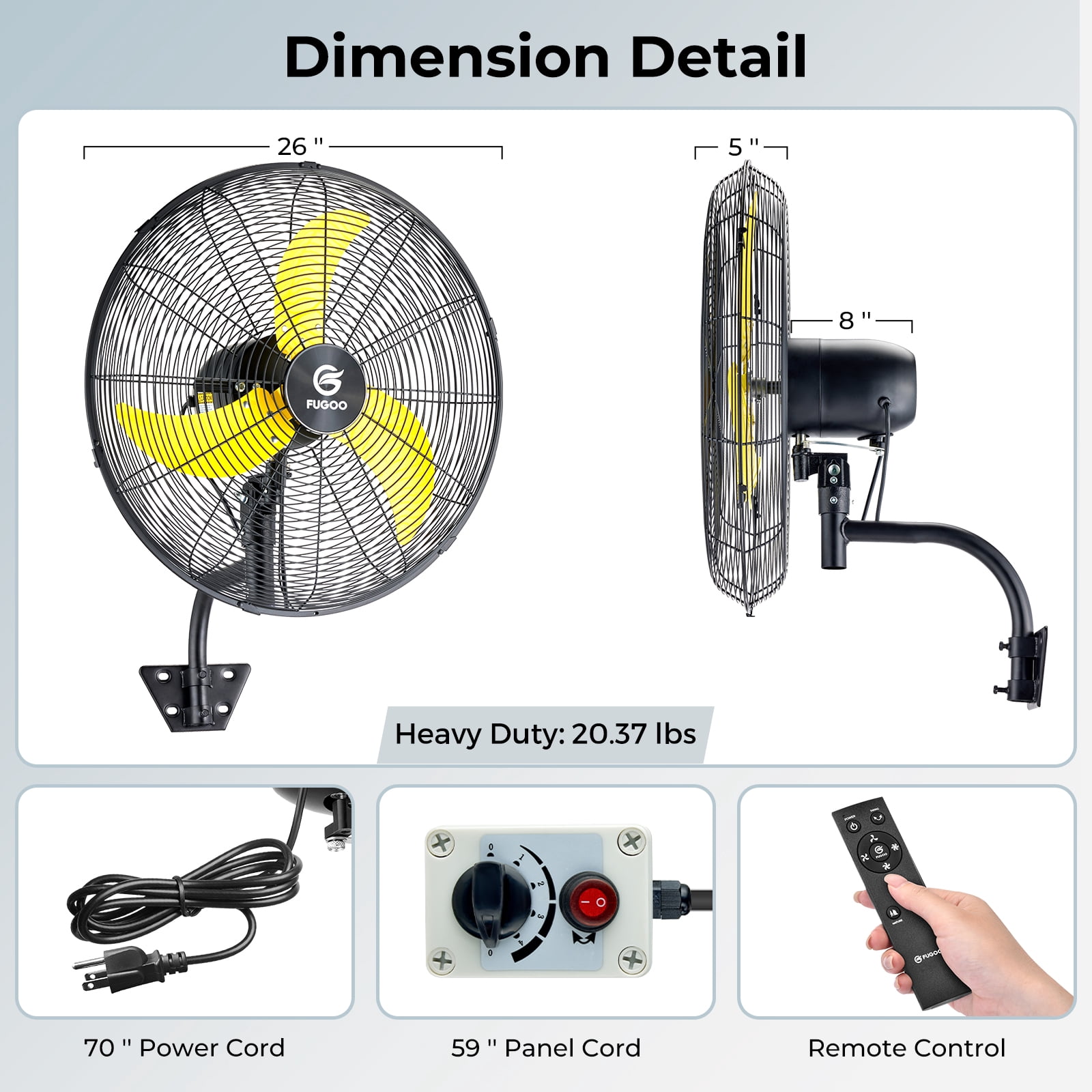 Fugoo 24Inch Outdoor Waterproof Wall Mount Fan, Quiet Oscillating, 4-Speed, Remote Control, 1800-6000 CFM