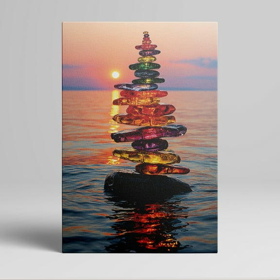 1pc Colorful Sea - Glass Stacking on Rock with Sunset Ocean Background Framed Decor room hanging Wall Picture Decor for Home Gifts, living room, bathroom, bedroom, kitchen wall art decor canvas wall