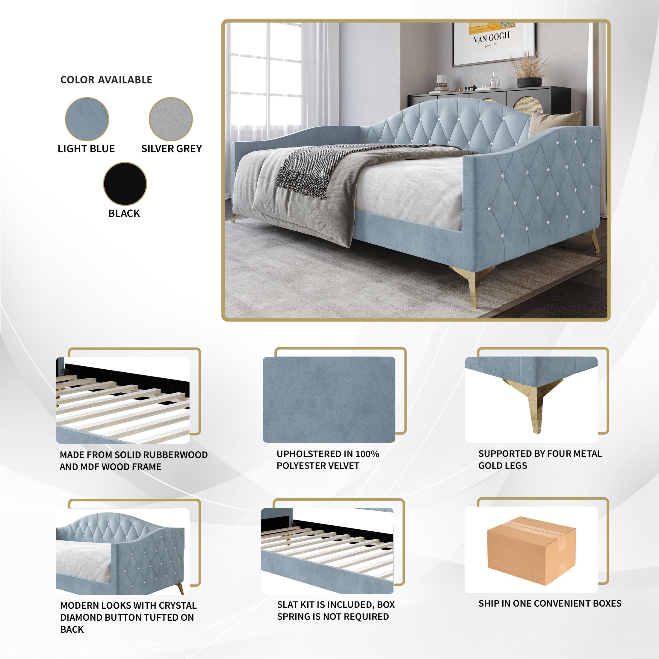 Castle Place Modern Camelback Silhouette Upholstered Tufted Twin Daybed, Silver Gray